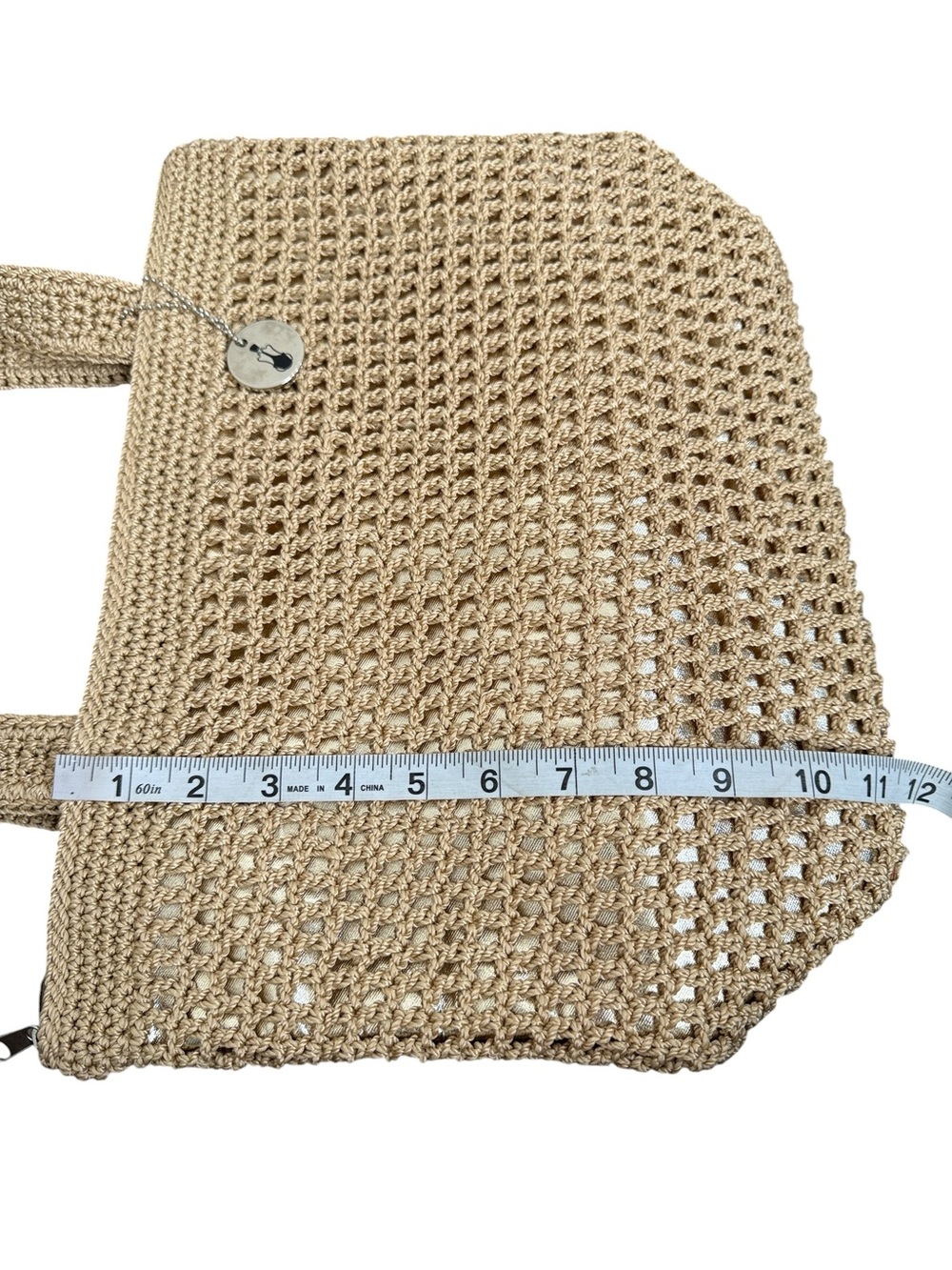 The Sak Crochet Tote Bag Beige Tan Metallic Lined Boho Shoulder Handbag - Picture 11 of 13